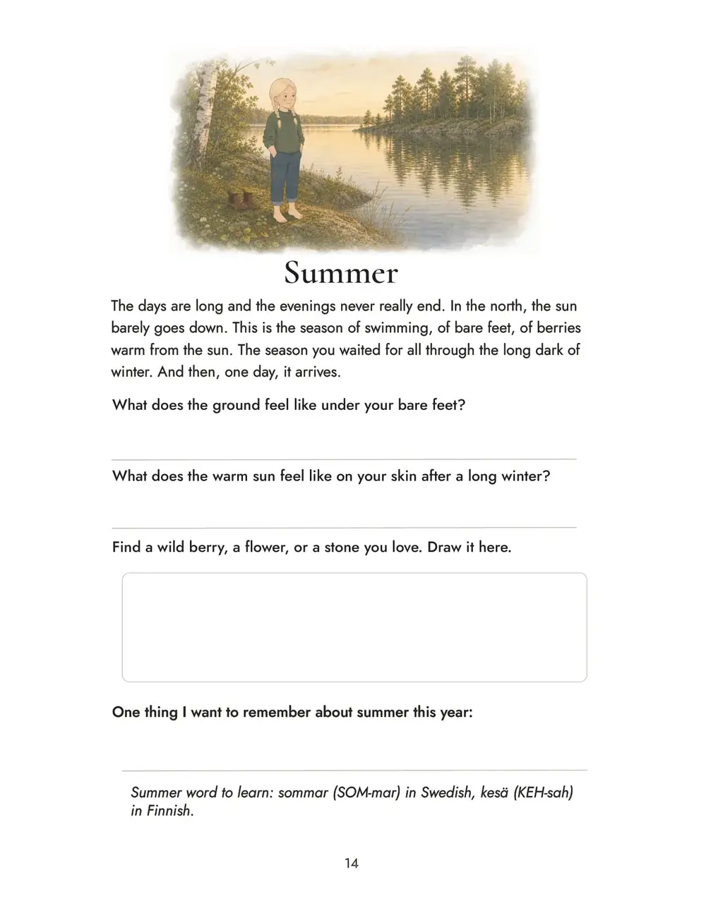 Book page 14, Summer: a lake painting, questions about bare feet and warm sun, a box to draw a wild berry, and a line for one thing to remember.
